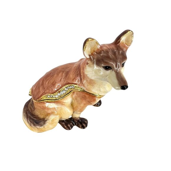 Red Fox Jeweled Enamel Trinket Box Rhinestones Gold Accents - Picture 3 of 11